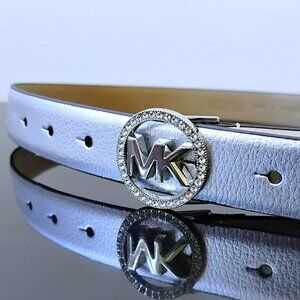 Michael Kors Women's Pave Logo Metallic Genuine Leather Belt in Beautiful Silver